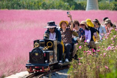 (miniature) Des touristes profitent d'un trajet en mini train dans l'arrondissement de Lishui