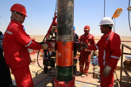 (miniature) Des ouvriers de la société chinoise Zhongman Petroleum and Gas Group (ZPEC) forent un puits pour un champ de betteraves dans le désert de la province de Minya