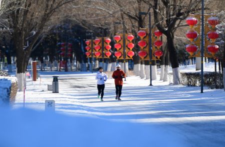 (miniature) Des gens font du jogging après la neige dans le Parc olympique à Shenyang