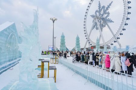 (miniature) Des visiteurs regardent des sculptures de glace au Monde de glace et de neige de Harbin