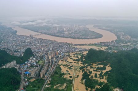 (miniature) Photo aérienne prise le 4 juin 2022 montrant une vue de la rivière Rongjiang après de fortes précipitations dans le district autonome Miao de Rongshui de la région autonome Zhuang du Guangxi (sud de la Chine)