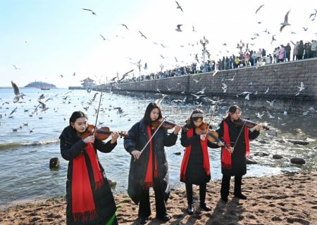 (miniature) Des violonistes se produisent sur le site pittoresque du pont de Zhanqiao