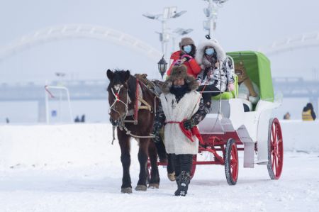 (miniature) Des touristes s'amusent sur le fleuve Songhua gelé dans un parc d'attractions de neige et de glace à Harbin