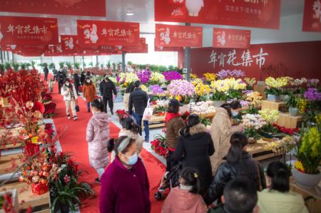 (miniature) Des gens se promènent dans un marché aux fleurs à Wuhan