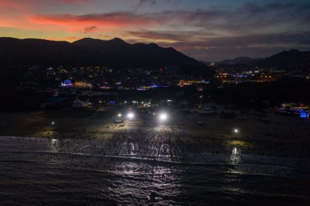 (miniature) Photo prise à l'aide d'un drone montrant des touristes dans une zone de baignade nocturne sur la plage de Nansha