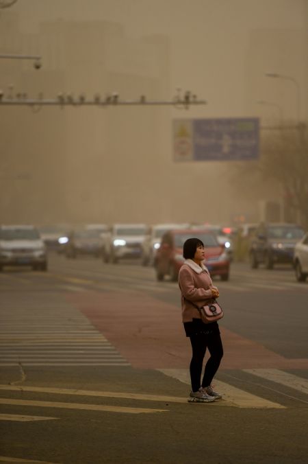 (miniature) Une piétonne attend à un feu de circulation au milieu de la poussière à Hohhot