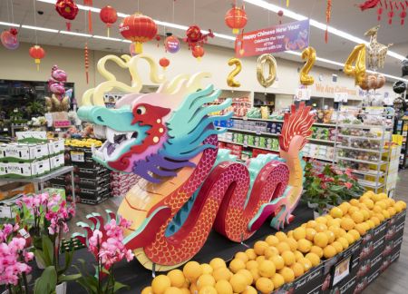 (miniature) Photo prise le 28 janvier 2024 montrant une installation en forme de dragon préparée pour le Nouvel An chinois à venir dans un supermarché à San Francisco