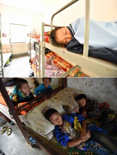 (miniature) Photo combinée montrant des enfants faisant la sieste le 18 mai 2022 (en haut) et le 11 novembre 2014 (en bas) à l'école primaire Sanzhiyang
