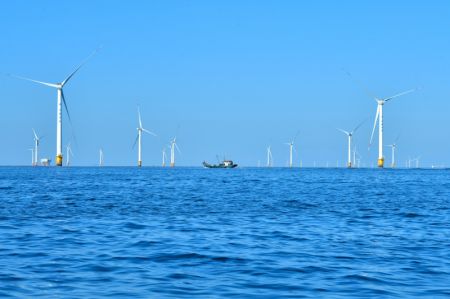 (miniature) Cette photo montre un parc éolien offshore à Dalian