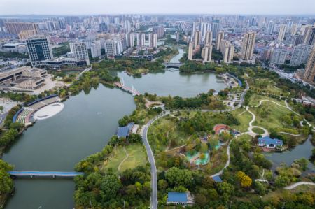 (miniature) Photo aérienne prise le 12 novembre 2022 montrant une vue du parc culturel Baimahu et de ses environs à Changde