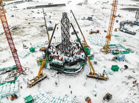 (miniature) Photo aérienne du chantier de construction du Monde de glace et de neige de Harbin