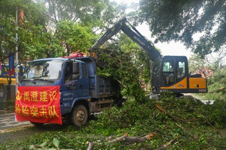 (miniature) Les membres d'une équipe civile de secours déblaient des branches tombées sur la route principale à Quanzhou