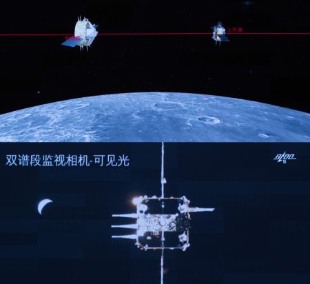(miniature) Image prise au Centre de contrôle aérospatial de Beijing montrant le rendez-vous et l'amarrage du véhicule de remontée de la sonde chinoise Chang'e-5 avec la combinaison orbiteur-capsule de retour en orbite lunaire