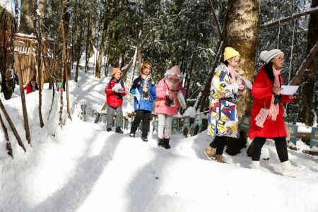 (miniature) Des élèves de l'école primaire Huchangbao participent à des activités éducatives dans un camp du Parc national des forêts de Longcanggou dans le district de Yingjing