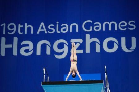 (miniature) Le Chinois Yang Hao lors de la finale du plongeon de haut-vol (10 m) hommes aux 19es Jeux asiatiques à Hangzhou