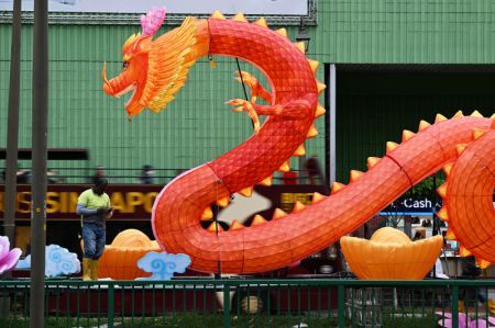(miniature) Photo prise le 15 janvier 2024 montrant une installation lumineuse en forme de dragon pour célébrer le prochain Nouvel An lunaire chinois dans un quartier chinois de Singapour